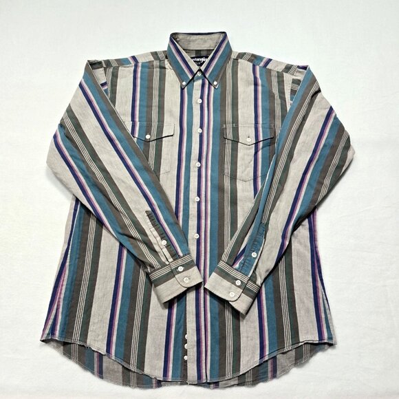 Wrangler Shirt Mens Size XL‎ Multicolor Striped Cowboy Cut Regular Fit Raw Hem - Picture 1 of 13